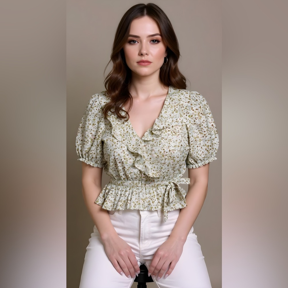 NWT - 1. State Floral Ruffle Blouse - White and Green - Size M - Picture 1 of 7